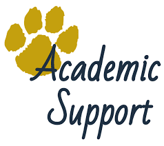 text: Academic support with golden paw print