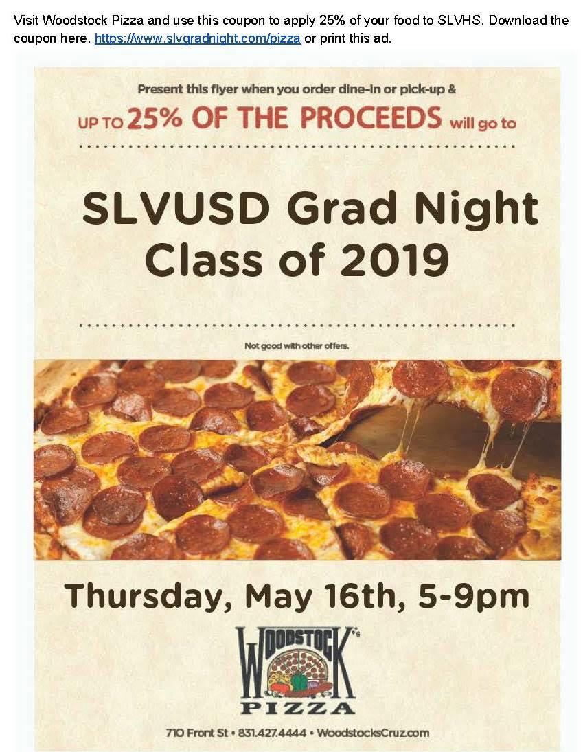 grad night pizza fundraiser at woodstock pizza call 3354425 for details