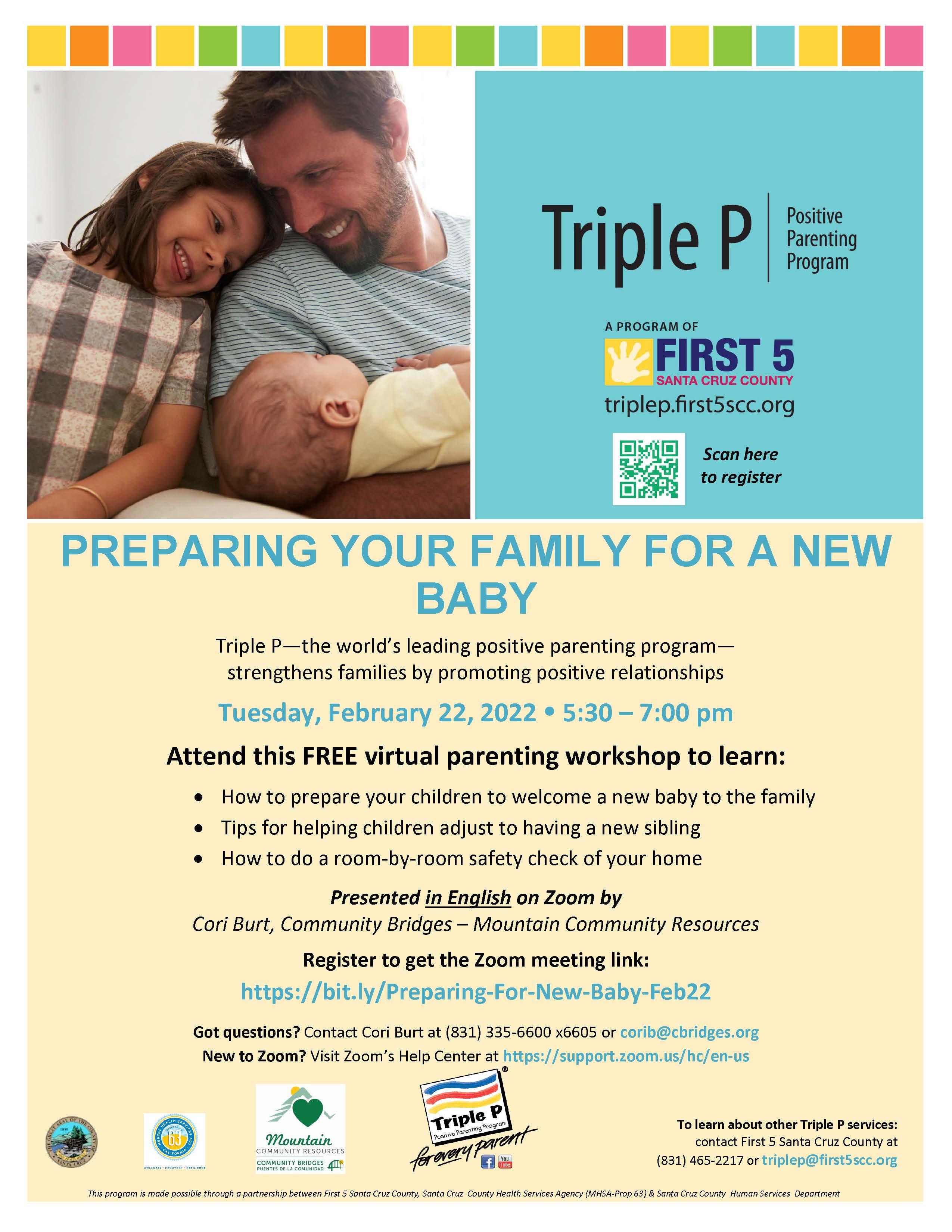 preparing your family for a new baby workshop; call 831-335-6600 x6605 for details