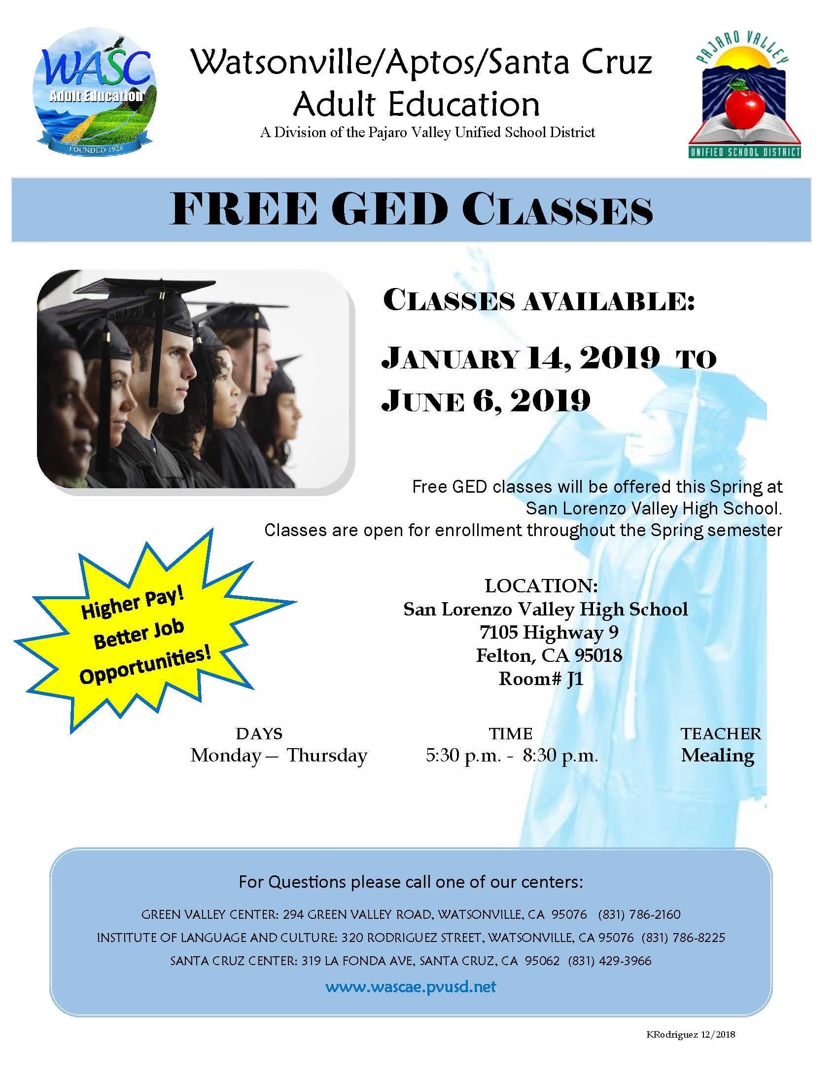 Free GED Classes at SLVHS call429-3966