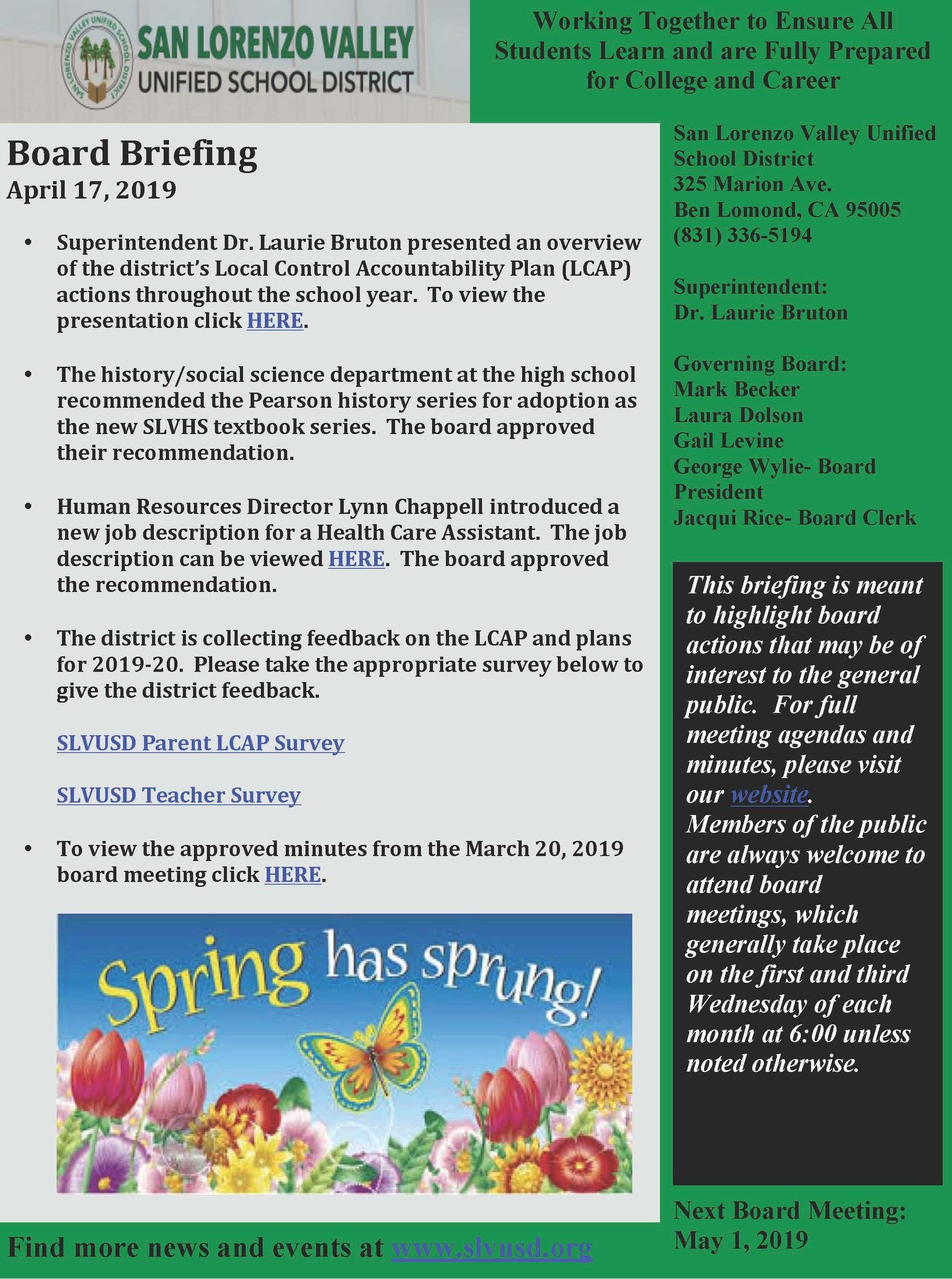 board briefing april 17, 2019 call 336 5194 for details