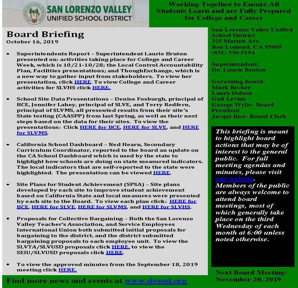 slvusd board briefing; call 336-5194 for information