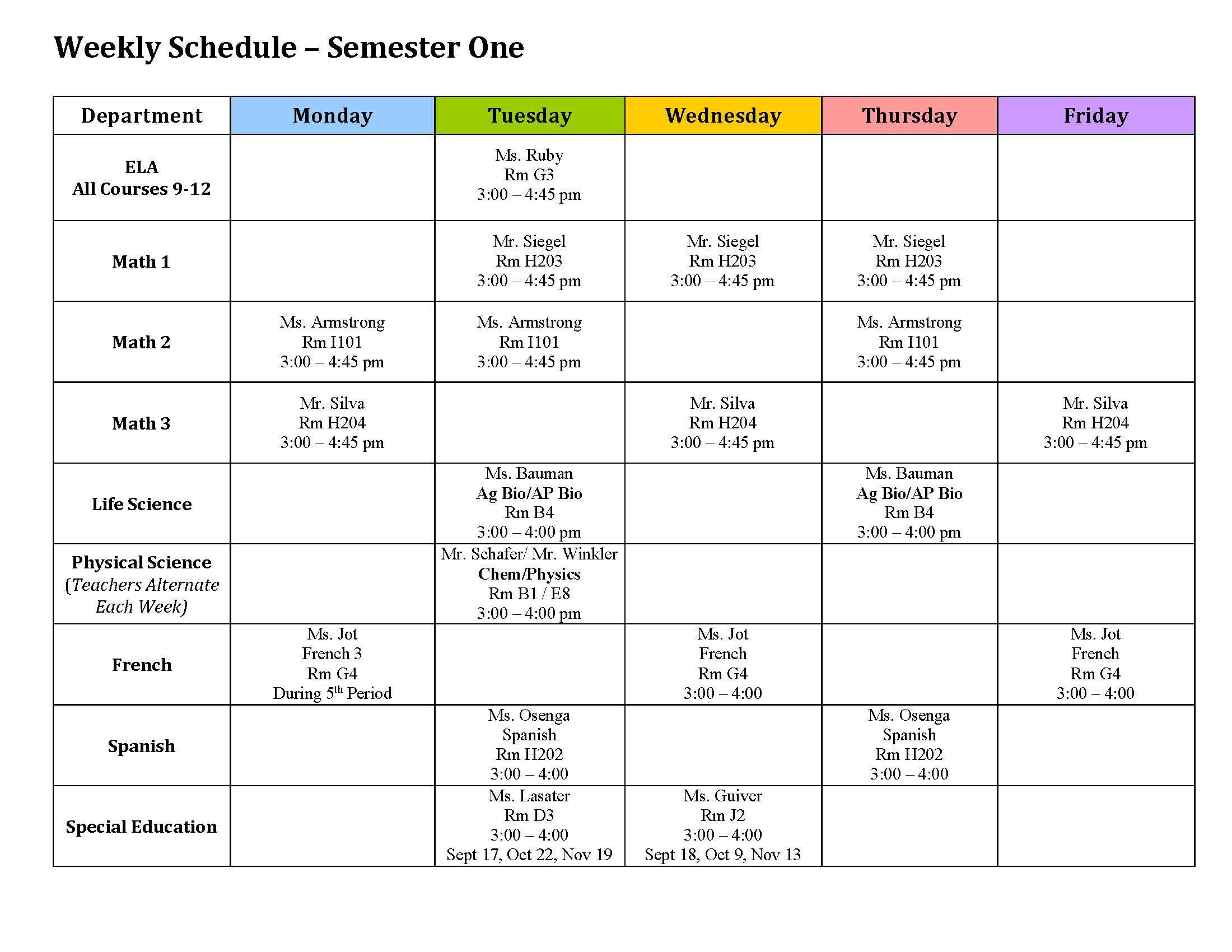 academic support schedule; call 335-4425 x201 for information