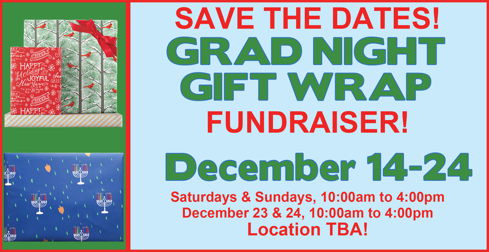 save the dates grad night gift wrap fundraiser Dec 14-24; location TBA