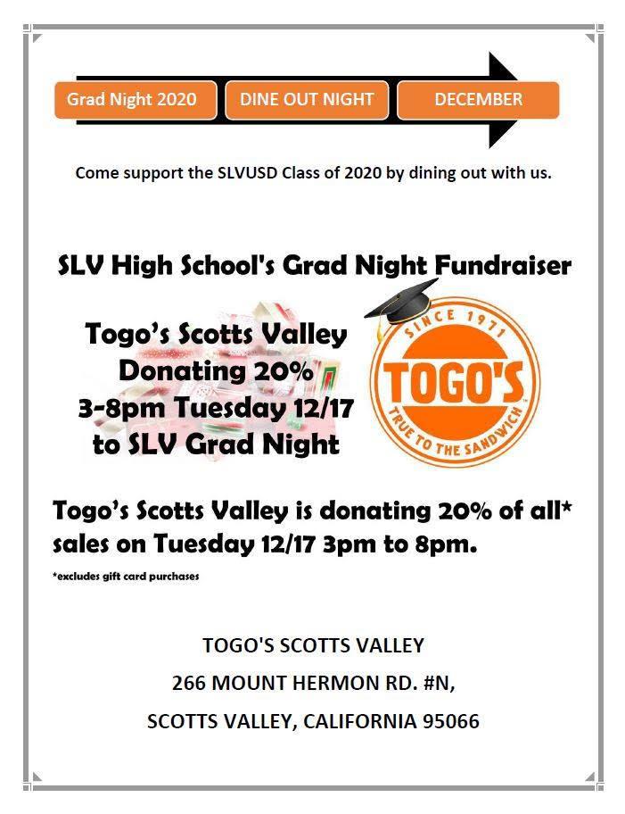 grad night togo's night fundraiser 12/117 3-8 pm; call 335-4425 x201 for information