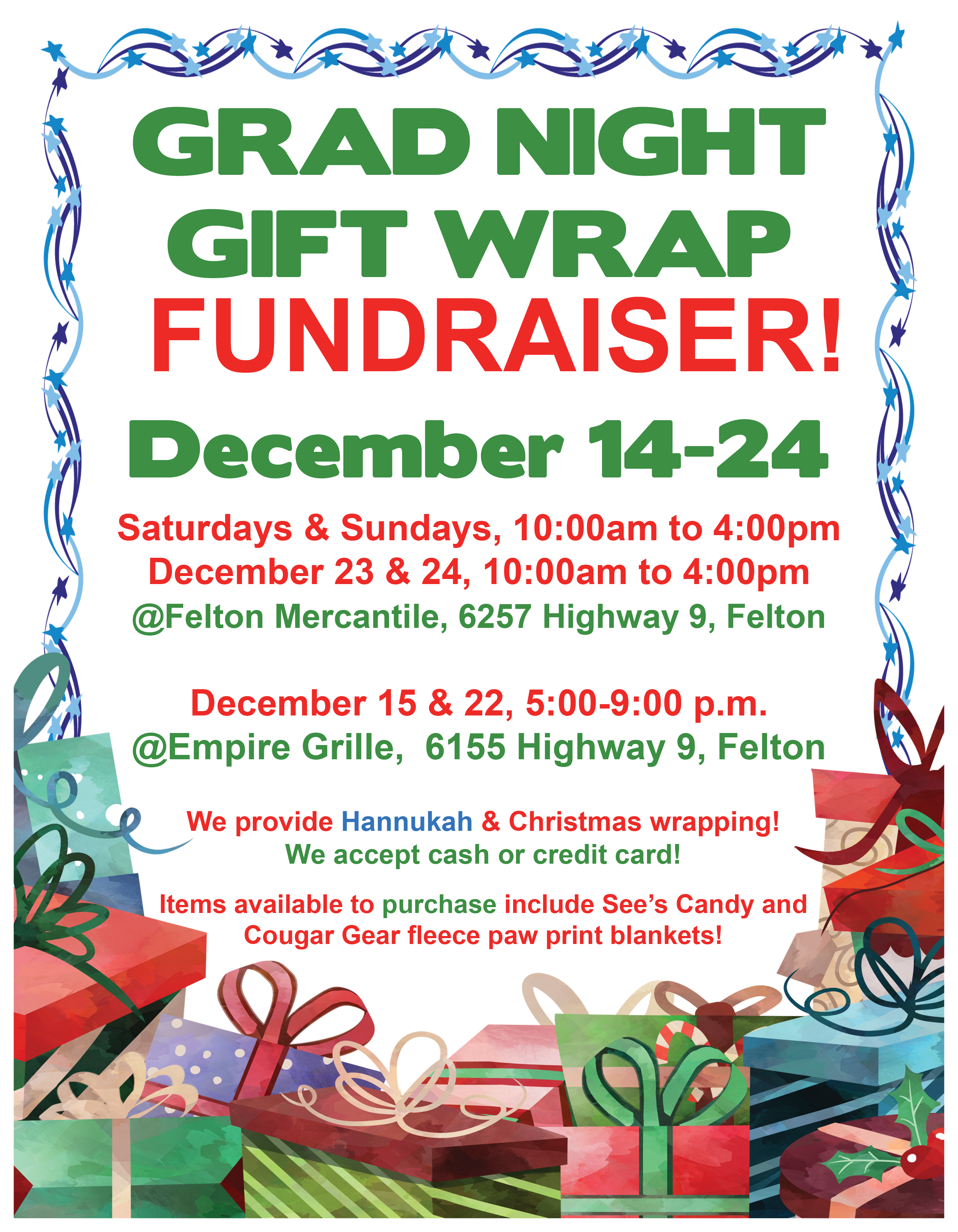 grad night gift wrap fundraiser Dec 14-24; call 335-4425 x210 for info