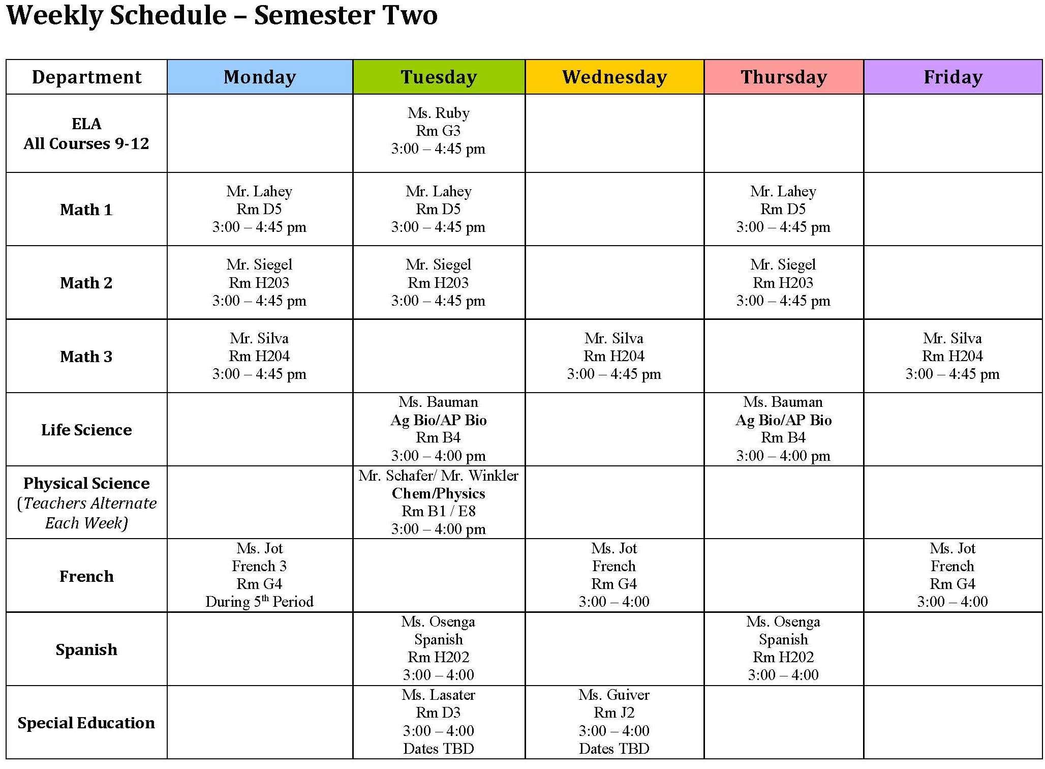 semester two support schedule; call 335-4425 x201 for information