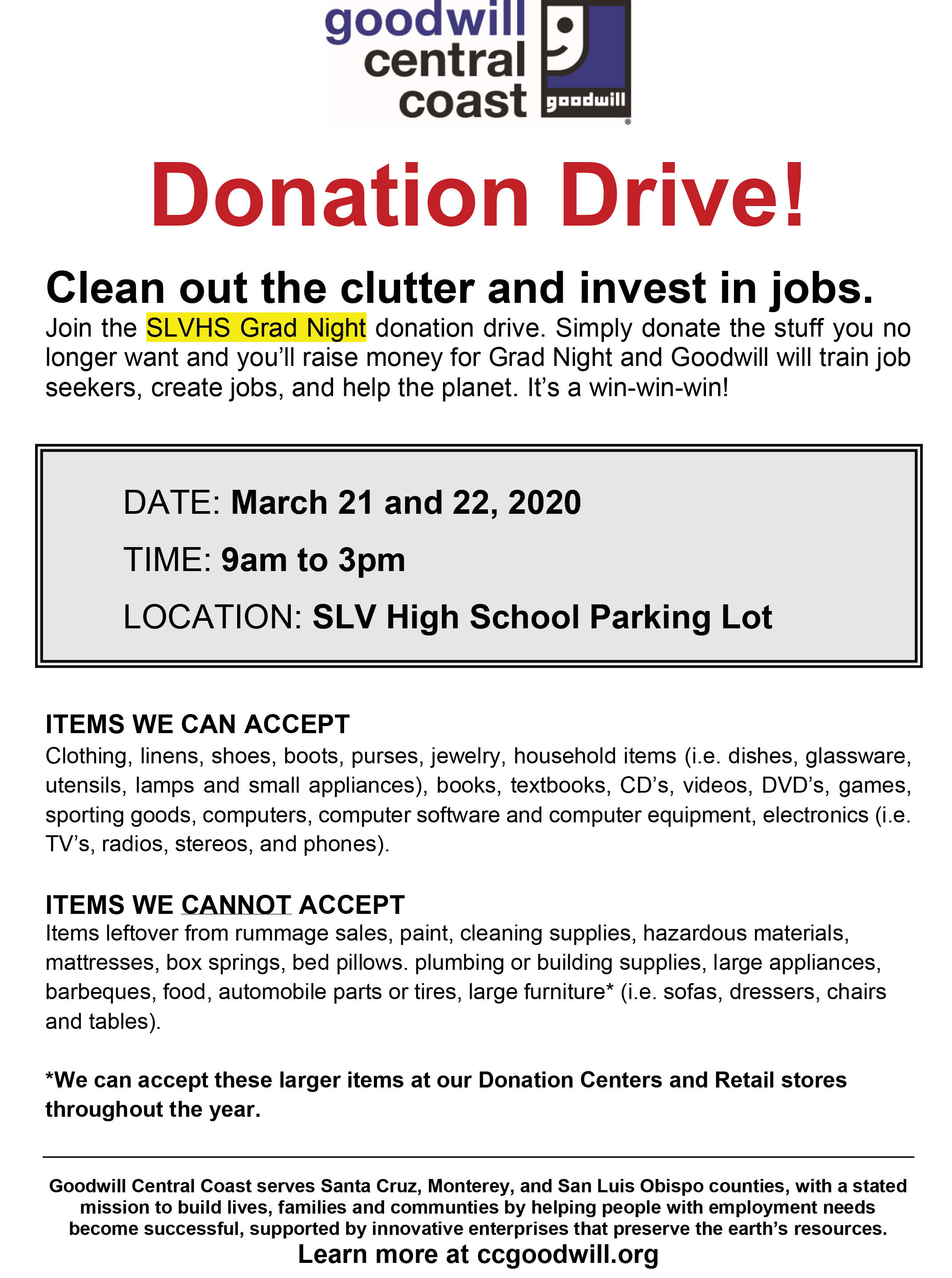 Goodwill donation drive: 3/21-22 9am-3pm SLVHS parking lot