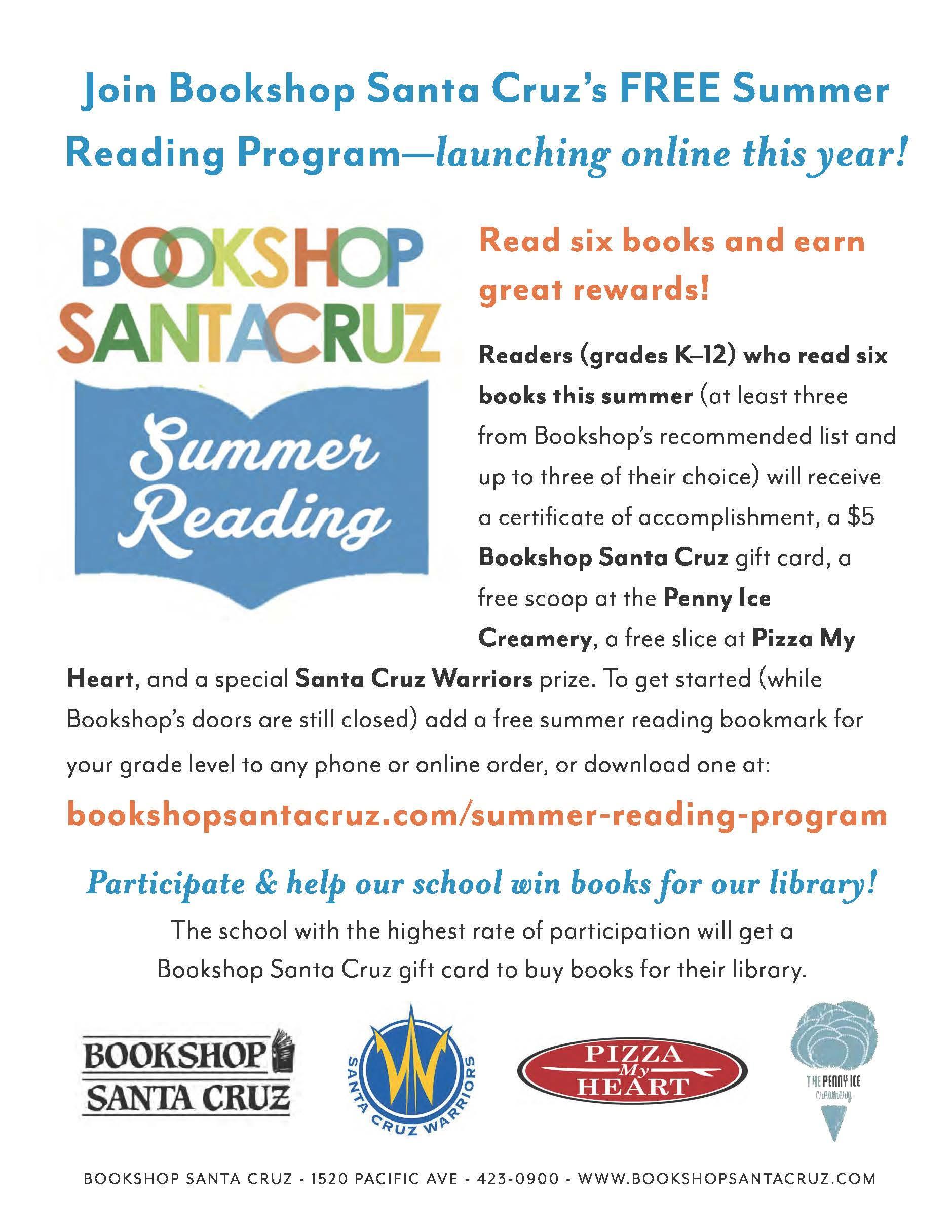 Summer Reading Program flyer; visit bookshopsantacruz.com/summer-reading-program for information