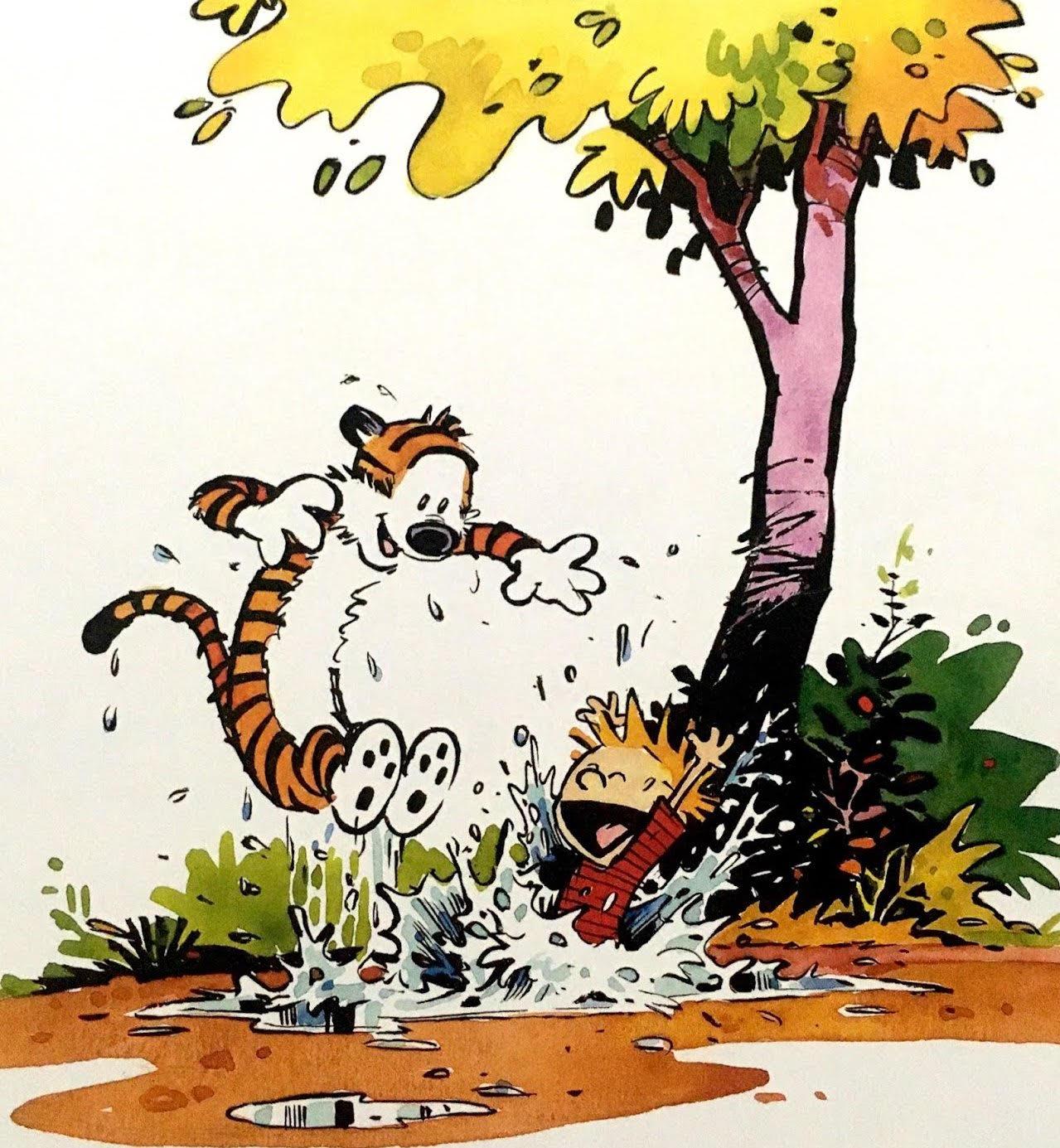 Calvin and Hobbs joyfully jumping in a puddle!