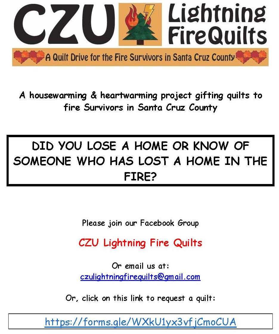 CZU Lightning Fire Quilts; email czulightningfirequilts@gmail.com