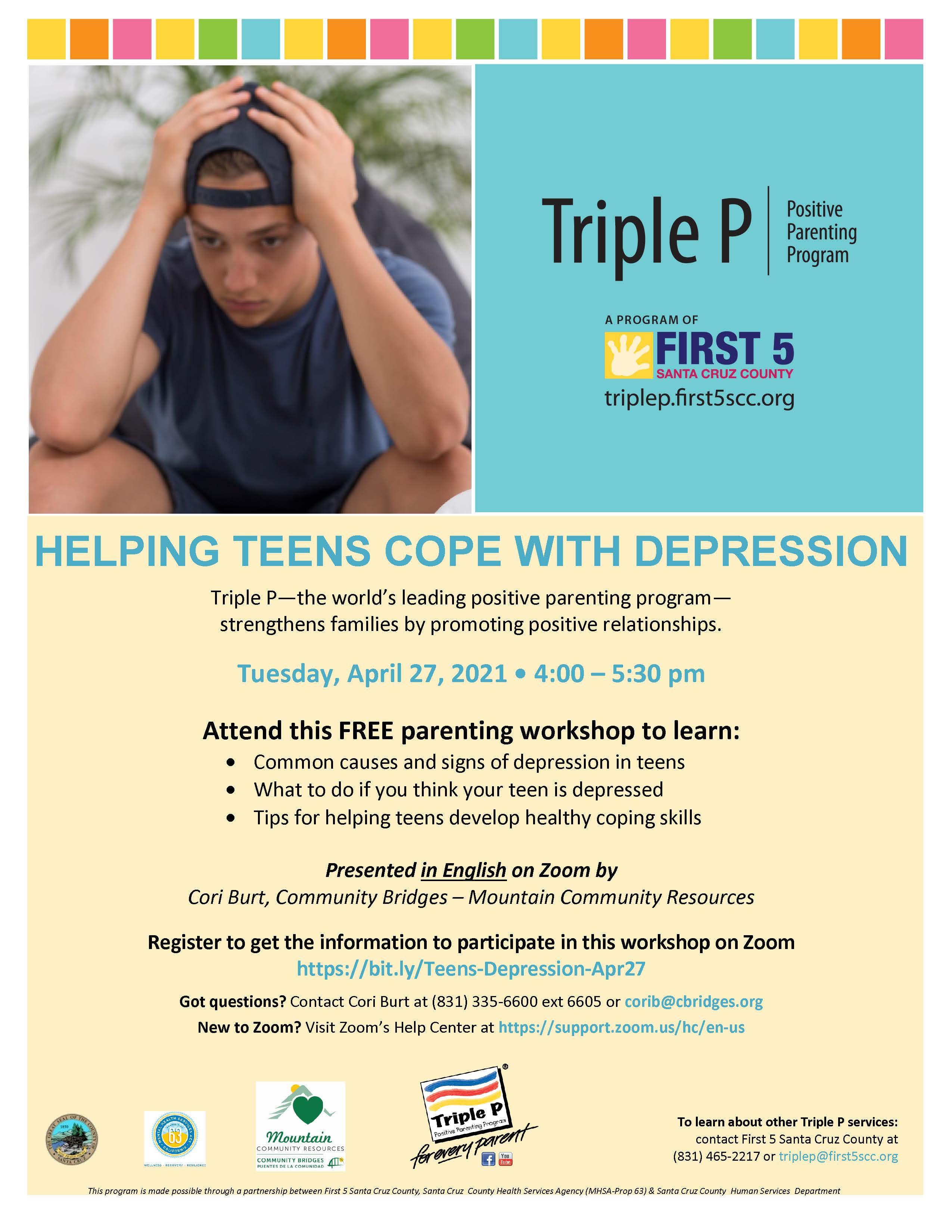 helping teens with depression workshop; call 831-335-6600 for details