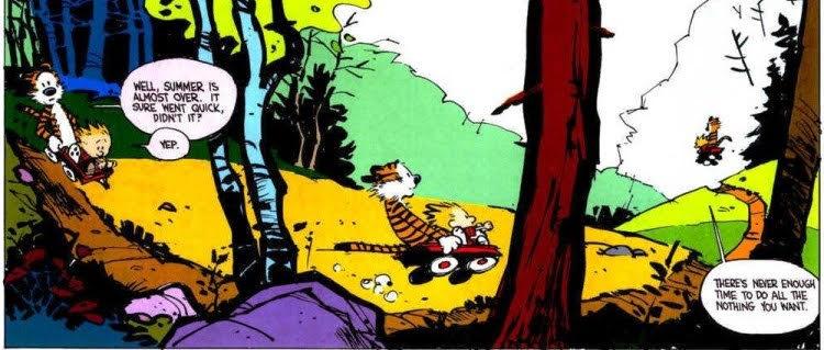 calvin & hobbs: "Well, summer is almost over. It sure went quick, didn't it? Yep. There's never enough time to do all the nothing you want."
