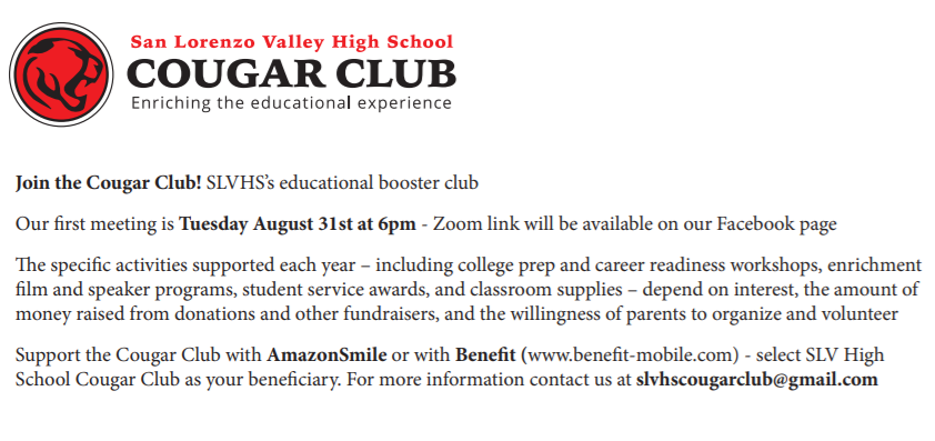 cougar club meeting info; call 831-335-4425 x201 for details