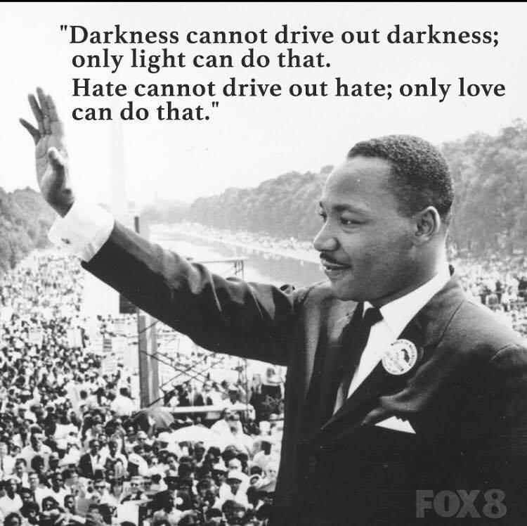 "darkness cannot drive out darkness; only light can do that. Hate cannot drive out hate; only love can do that" -MLK